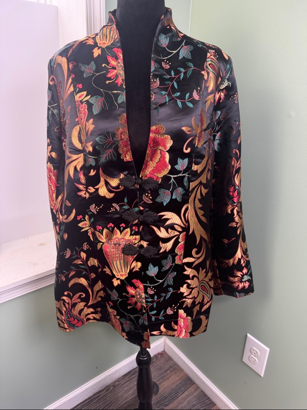 Soft Surroundings Black Satin Floral Brocade Jacket with Gold & Teal Accents XL